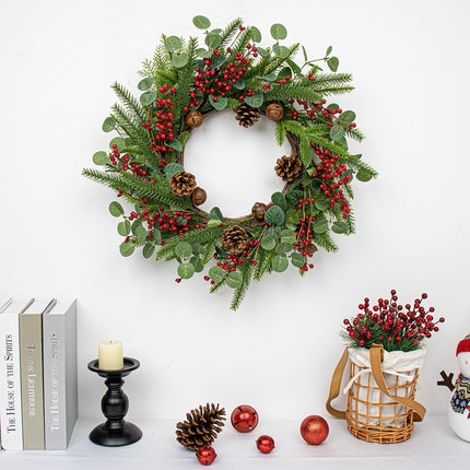 Artifical Christmas Door Wreath 22 Inches Christmas Wreaths for Front Door Rustic Winter Wreath with Evergreen Pine Needle Pinecone Red Berries for Wall Porch Window Holiday Indoor Outdoor