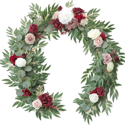 Floroom 6ft Artificial Eucalyptus Garland with Flowers Fake Greenery Faux Floral Vine Garland for Table Decor Wedding Centerpieces Bridal Shower Party Decorations, Burgundy & White
