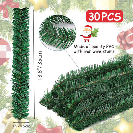 30PCS 14'' Christmas Pine Garland Ties, Xmas Decorative Twist Ties for Garland, Artificial Pine Wire Twist Ties Flexible Wired Garland Ties, Faux Pine Greenery Stems Twist for Stairs Railing Banister