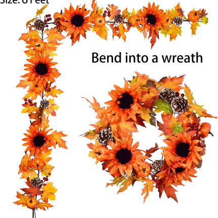 DearHouse Fall Maple Leaf Garland - 6ft/Piece Artificial Berries Sunflower Pine Cones Pumpkin Autumn Garland Decoration for Wedding Party Thanksgiving Dinner Fireplace Door Backdrop Decor