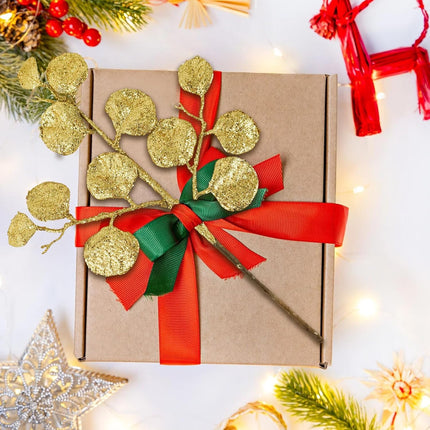 6 Pieces Golden Christmas Tree Picks and Sprays 16.9" Christmas Glitter Eucalyptus Leaves Stems for Christmas Tree Filler Wreath Swag Floral Arrangment Table Centerpieces Decoration