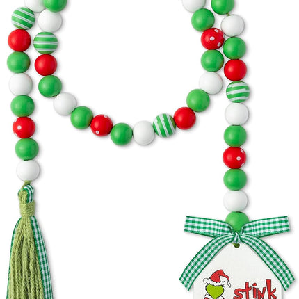 Christmas Thief Green Monster Wood Bead Garland Rustic Natural Beads with Cotton Rope Plaid Tassel Stink Stank Stunk Wooden Tag Farmhouse Holiday Ornaments for Xmas Tree Wreath Tiered Tray