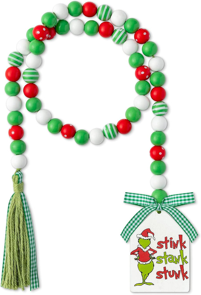 Christmas Thief Green Monster Wood Bead Garland Rustic Natural Beads with Cotton Rope Plaid Tassel Stink Stank Stunk Wooden Tag Farmhouse Holiday Ornaments for Xmas Tree Wreath Tiered Tray