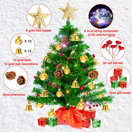 20" Tabletop Mini Christmas Tree, Artificial Small Xmas Tree Decor DIY with 50 LED String Lights,Star Tree Topper, Holly Berries, Pine Cones Ornaments and Wooden Base for Holiday Season Decorations