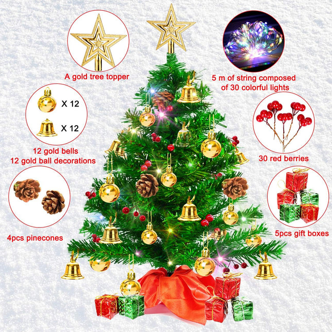 20" Tabletop Mini Christmas Tree, Artificial Small Xmas Tree Decor DIY with 50 LED String Lights,Star Tree Topper, Holly Berries, Pine Cones Ornaments and Wooden Base for Holiday Season Decorations