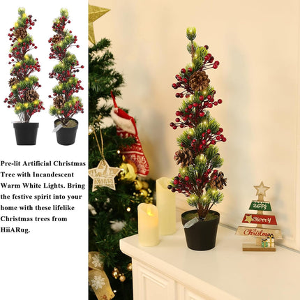 HiiARug 2 Packs Pre-lit Artificial Mini Christmas Tree, 21" Pre-lit Christmas Tree Tabletop Trees with Pine Cones, Red Berries, Pot Faux Christmas Tree for Front Porch Indoor Outdoor Christmas Decor