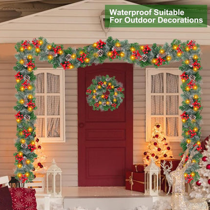 TURNMEON 6 Ft by 10 Inch Prelit Christmas Garland with Timer 30 Warm Lights 8 Modes 8 Pine Cone Snowy Bristle Pine 88 Berries Battery Operated Xmas Christmas Decorations Home Outdoor Fireplace Mantle