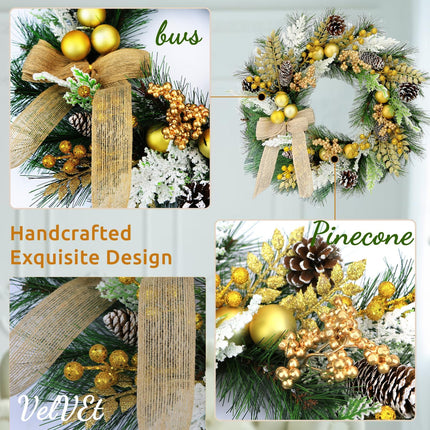 Large Christmas Wreath with Lights, 22 Inch Battery Operated Pre lit Gold Christmas Wreaths and Garland for Front Door Outdoor Indoor Windows Kitchen cabinets Car Pine Wreath Decor