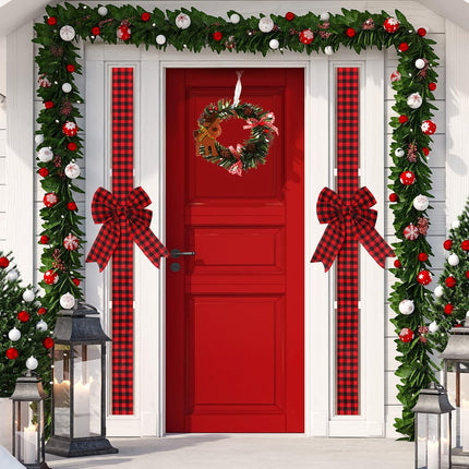 Ysleen 6 Pcs Christmas Cabinet Ribbon Bows Festive Large Xmas Bows and 4 Pcs Christmas Pine Wreath with Snowman Santa Claus Artificial Christmas Front Door Wreath for Christmas Party (Black and Red)