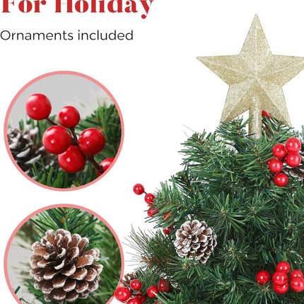33 inch Christmas Trees with LED Lights 2 Pack, Outdoor Prelit Christmas Trees, Small Artificial Christmas Tree with Ornaments for Porch, Driveway, Yard, Garden