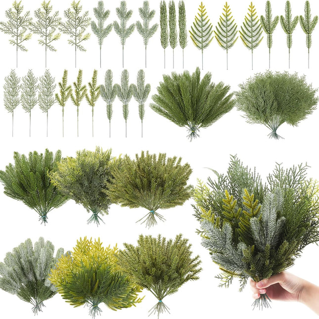 200 Pieces Faux Christmas Picks and Sprays Christmas Pine Needles Artificial Pine Branches Pine Sprigs Christmas Picks Fake Greenery Picks and Sprays for DIY Garland Wreath Decor, 8 Styles