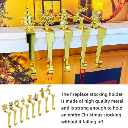 Set of 8 Christmas Stocking Holders for Mantle - Snowflake, Reindeer, Tree, Snowman, Bells, Wreath, Sleigh Ride - Perfect for Mantel Decoration Gold