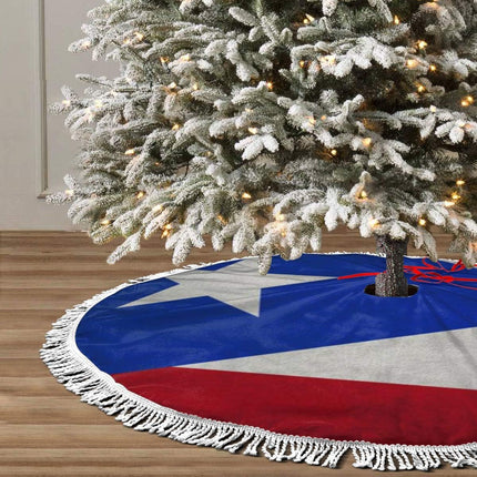 Christmas Tree Skirt 48" Inch Puerto Rico Flag Xmas Tree Skirt Mat with White Tassel for Party Holiday, Tree Skirt Christmas Decorations