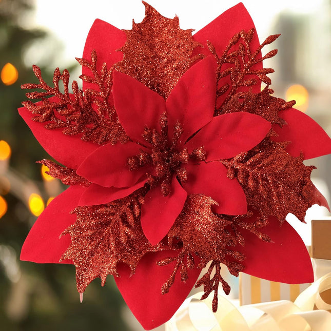 12PCS Christmas Poinsettia Artificial Flowers,Xmas Red Glitter Silk Flowers with Clips and Steams for DIY Christmas Tree Decorations Stairs Wreath Ornaments Home Party