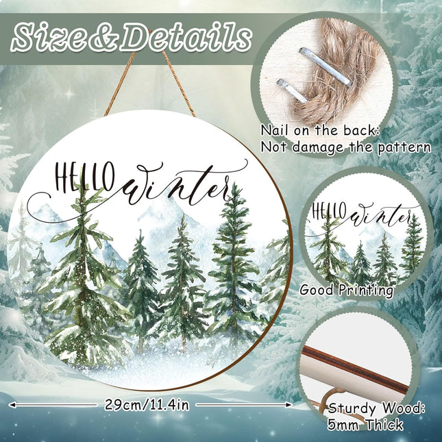 Whaline Christmas Hello Winter Wooden Hanging Sign Christmas Pine Trees Welcome Door Sign Xmas Winter Holiday Farmhouse Rustic Wreath Sign for Indoor Outdoor Home Wall Window Decor
