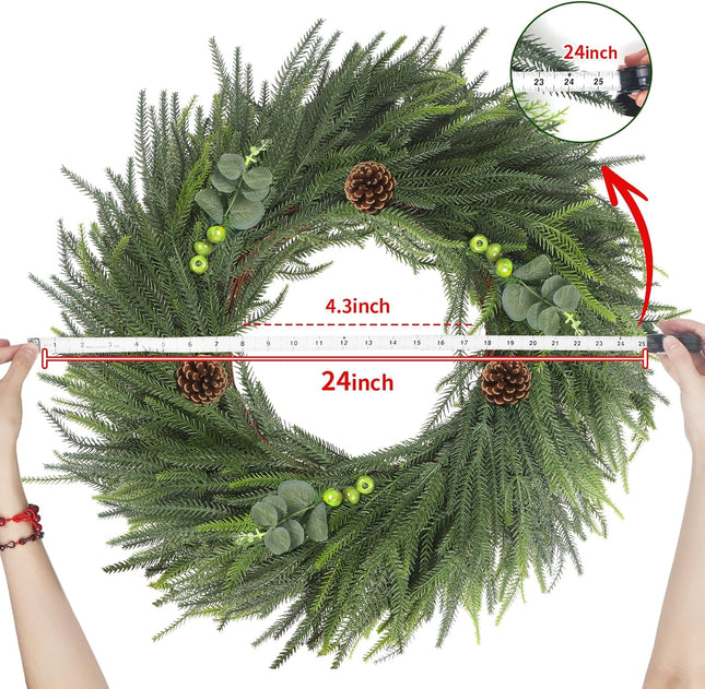 Real Touch Norfolk Pine Wreath, 24" Artificial Christmas Wreaths for Front Door, Soft Bendable Pine Wreaths for Front Door, Christmas Door Decorations