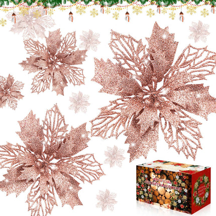 Poinsettia Christmas Decorations Flowers -12Pcs Artificial Poinsettia Christmas Tree Ornaments Glitter for Xmas Year Wedding Party Wreath DIY Garland Decor (Rose Gold)
