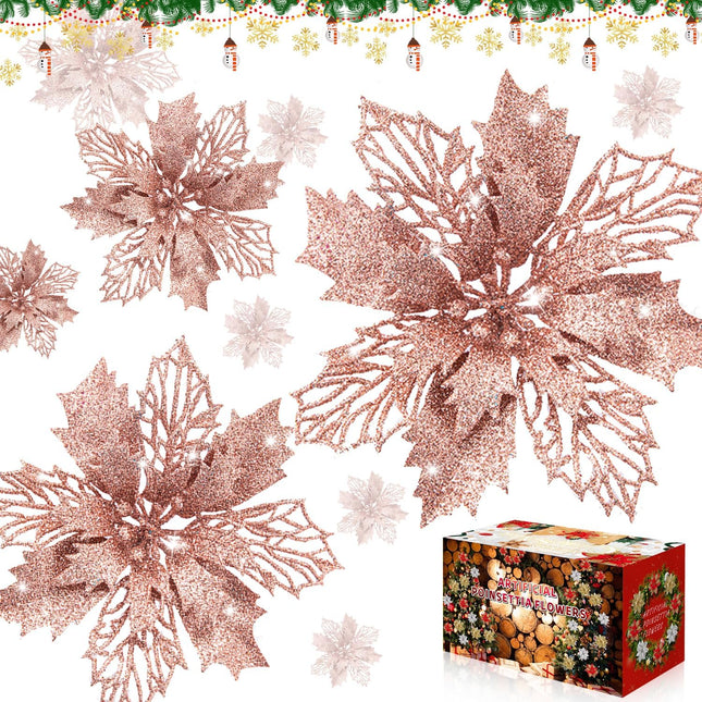 Poinsettia Christmas Decorations Flowers -12Pcs Artificial Poinsettia Christmas Tree Ornaments Glitter for Xmas Year Wedding Party Wreath DIY Garland Decor (Rose Gold)