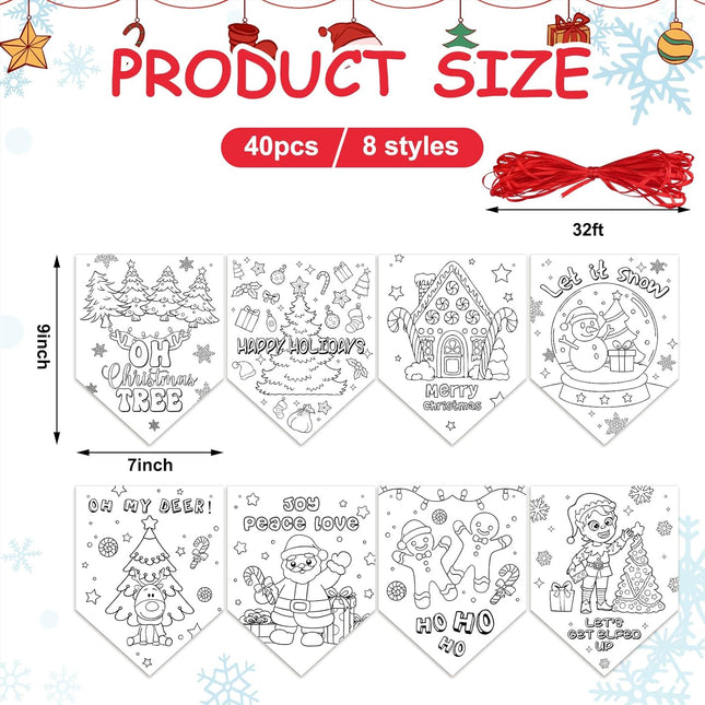 Yeaqee 40 Pcs Christmas Coloring Banner with Red Ribbon Winter Coloring Ornaments Crafts for Kids Santa Claus DIY Hanging Bunting for Xmas Tree Garland Fireplace Party Decorations
