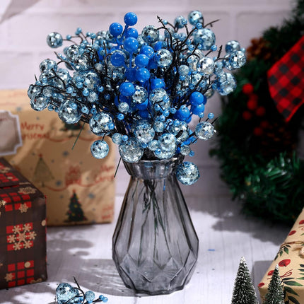 30 Pieces Artificial Glitter Berries Stems Decorations Pick 11.8 Inch and 6.3 Inch Artificial Christmas Picks for Valentine's Day Christmas Tree DIY Wreath Crafts Holiday Decor (Light Blue)
