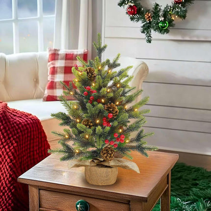 Tabletop Small Christmas Tree, 24 Inch/2FT Realistic-Feel PE Artificial Mini Christmas Tree with 30 Lights Timer Battery Operated 56 Norfolk Pine Tips 8 Pinecone 8 Red Berry Burlap Base Xmas Decor