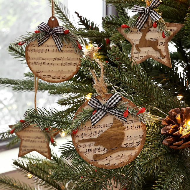 Christmas Decorations Indoor Rustic Ornaments: 12pcs Wood Christmas Hymn Tree Ornaments with Buffalo Plaid Bow Cardinal Reindeer, Vintage Xmas Religious Carol Hanging Decor for Tree Home Office
