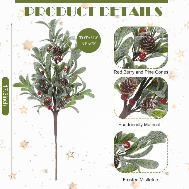 6 Pcs Christmas Artificial Mistletoe Picks 17.3 Inch Fake Mistletoe Decoration Branches with Berries Pinecones Mistletoe Ornaments DIY Crafts for Xmas Tree Wreath Holiday Decor(Red Berry)