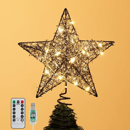 Christmas Star Tree Topper with 8 Lighting Modes, USB Christmas Star Treetop with Timer Decorative Light with Silver Strip, 20 LED Light Xmas Tree Top Decor for Home Indoor Outdoor, Black
