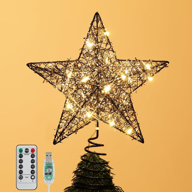 Christmas Star Tree Topper with 8 Lighting Modes, USB Christmas Star Treetop with Timer Decorative Light with Silver Strip, 20 LED Light Xmas Tree Top Decor for Home Indoor Outdoor, Black