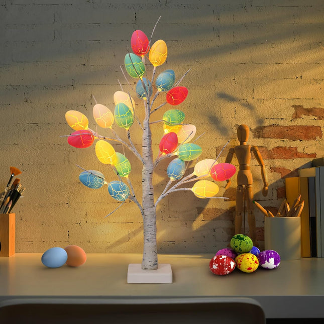 Easter Decorations for The Home, 24" Easter Tree with 24pcs Easter Egg Ornaments, White Birch Tree with 24 LED Lights for Spring Decoration, Battery or USB Powered Table Centerpieces for Home
