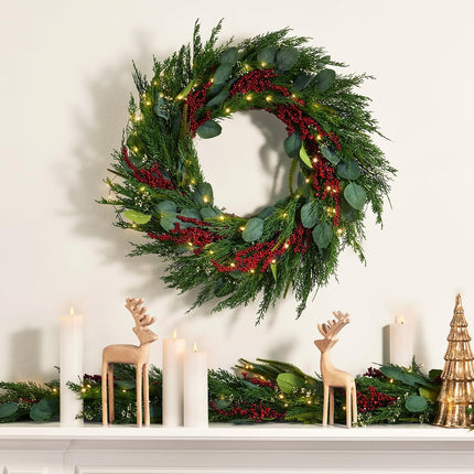LampLust Christmas Garland with Lights, 6 Ft Lighted Garland, Greenery Garland with Red Berry & Eucalyptus, 100 LED Lights, Battery Powered Timer Included, Garland for Mantle Christmas Decorations