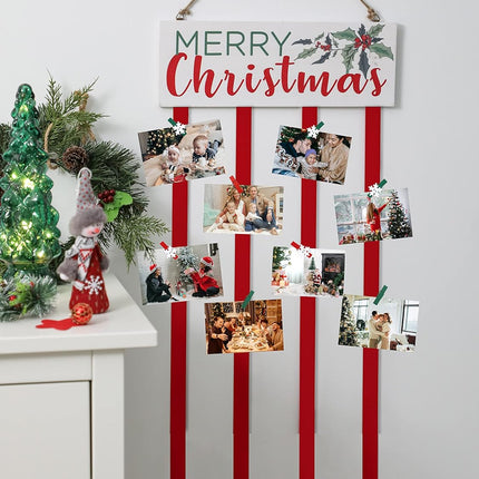 Christmas Card Holder Wall Display Merry Christmas Wooden Hanging Picture Holder with 24 Clips for Holiday Décor