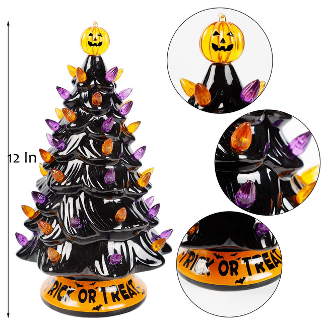 Blissun 12" Halloween Decorations Ceramic Tree, Hand-Painted Black Christmas Tree, Battery Powered Tabletop Halloween Lighted Ceramic Tree for Indoor Office Home Halloween Decorations