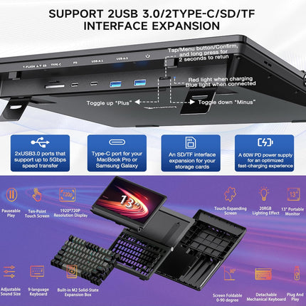 Kwumsy K3 Touchscreen Gaming Mechanical Keyboard -13"Portable Multifunctional Split Keyboard, US 82Keys RGB LED Backlit N-Key Compact Keyboard, Plug and Play for Windows Mac,75° Foldable Screen Angle.