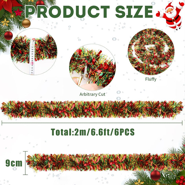 39.4Feet Christmas Tinsel Garland for Christmas Tree Decorations Xmas Red Green Gold Metallic Tinsel Garland Hanging Decorations for Staircase Railing Banister DIY Wreath Indoor Outdoor Ornament