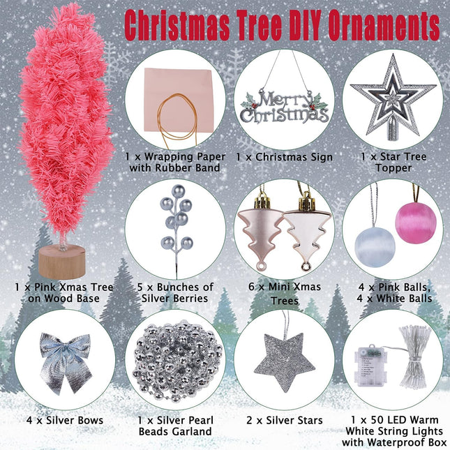 Juegoal Pink Mini Christmas Tree, 24 Inch/2 FT Lighted Tabletop Artificial Xmas Pine Tree, Small Spruce Tree Light Up Battery Operated & Timer with 50 LED Lights, for Holiday Winter Home Party Decor