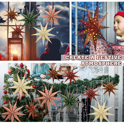 5 Set Christmas 3D Paper Star Lantern 9 Pointed Hanging Star Paper Lantern 24 Inch Hollow Star Paper Lantern Lampshade for Xmas Wedding Birthday Party Decor(Brown, Green, Beige, Red)