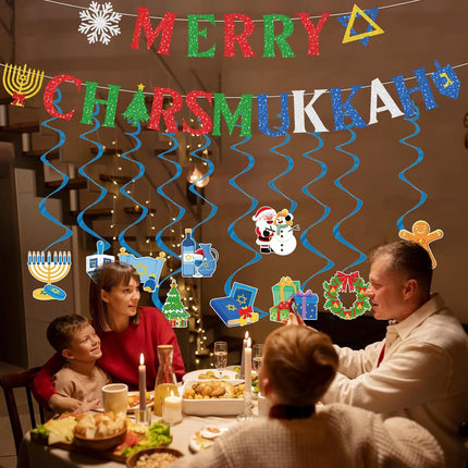 Merry Chrismukkah Party Decorations - 12 Pcs Christmas Hanukkah Mixed Banner Decorations Chanukah Dreidel Xmas Garland Ceiling Decor Christmas Hanukkah Decor for Home Holiday Party Supplies