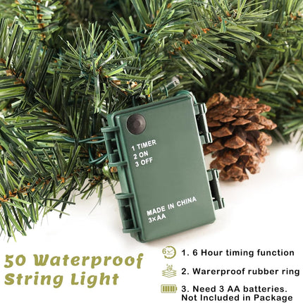 9 ft Christmas Garland, Pre-lit Garland with 50 Warm Lights, Classic Green Christmas Garland with 300 Branch Tips and Real Pinecone Decoration