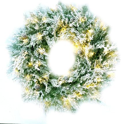 ASTRAEA Pre-Lit Snow Flocked Christmas Wreaths with Lights - 24 Inch Mixed Spruce Christmas Wreath w/ 50 Warm White LED Lights, Battery-Operated Xmas Wreath for Front Door Window Fireplace Decoration