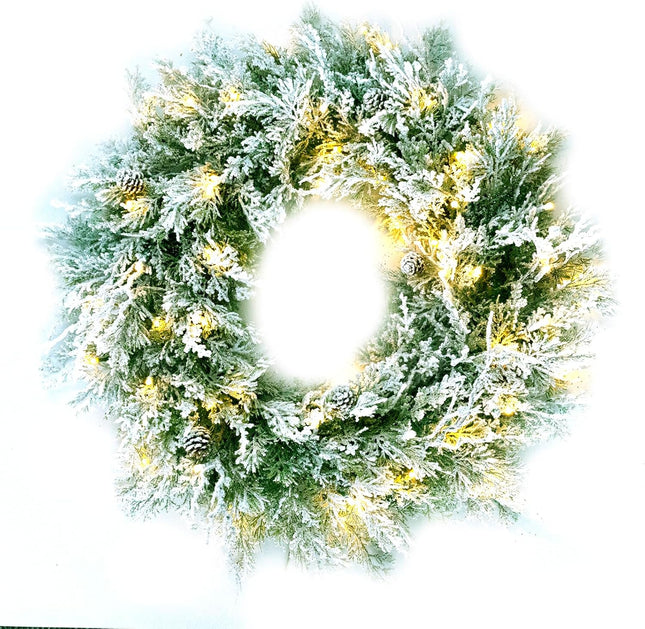 ASTRAEA Pre-Lit Snow Flocked Christmas Wreaths with Lights - 24 Inch Mixed Spruce Christmas Wreath w/ 50 Warm White LED Lights, Battery-Operated Xmas Wreath for Front Door Window Fireplace Decoration