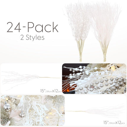 Sea Team 24-Pack Artificial Glitter Berry Stem Ornaments, Decorative Bead Sticks, Glittery Twigs, Picks, Branches for Christmas Tree, Small Vase, Holiday, Wedding, Party (15 Inches, White)