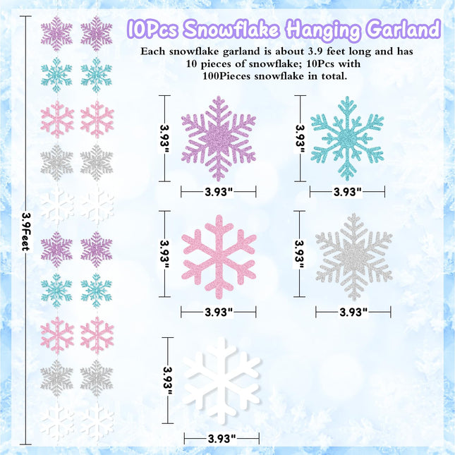 Winter Snowflake Hanging Decorations, Glitter Purple Pink Silver Christmas Snowflakes Hanging Garland Frozen Party Decorations for Winter Wonderland Baby Shower Frozen Birthday Party Decorations
