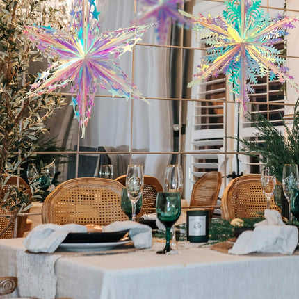 SONGTIY 2PCS Iridescent Honeycomb Snowflake Decorative Hanging Ornaments, Shiny Iridescent Foil Ceiling Garlands, for Chriatmas Birthday Wedding Frozen Theme Party Fairy Princess Rainbow Show Decorati