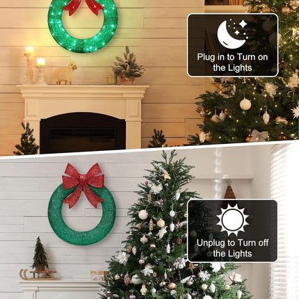 Brightown 24in Lighted Christmas Wreath Decorations, Outdoor Christmas Wreaths Holiday Decor with Bow Ribbon 60 LED Lights for Front Door Windows, Xmas s, Party Supplies, Home, Patio Lawn, Garden