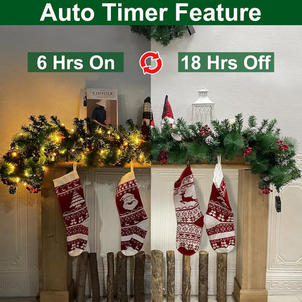 TURNMEON 6 Ft 30 LED Prelit Christmas Garland with Lights Timer 8 Modes 170 Branch Snowy Bristle 8 Pinecones 88 Red Berries Battery Operated Cedar Garland Christmas Decorations Home Indoor Mantle