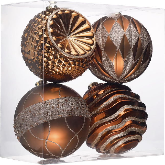 Valery Madelyn Ornaments for Christmas Trees, 4ct Bronze Copper and Gold Shatterproof Fall Christmas Tree Decorations, 5.9 Inches Luxury Brown Hanging Ball Ornaments Bulk for Xmas Holiday Decor