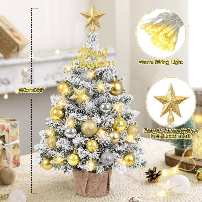 24 Inch Tabletop Mini Christmas Tree, Snow Flocked Prelit Artificial Small Christmas Tree with Lights, Star Treetopper and Hanging Ornaments for DIY Christmas Decorations for Home Party