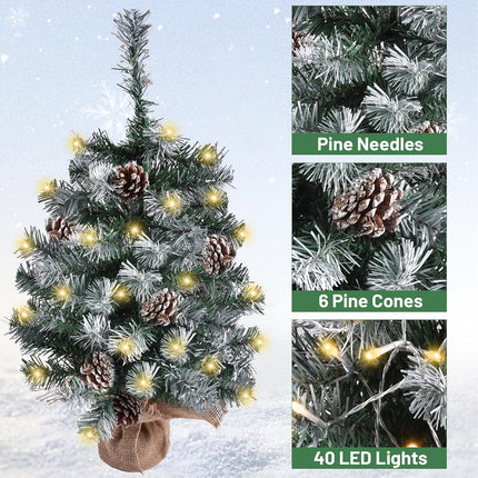 Artificial Mini Christmas Tree with LED Lights, 21 Inch Table Top Christmas Tree with Pine Cones for Holiday and Christmas Decoration