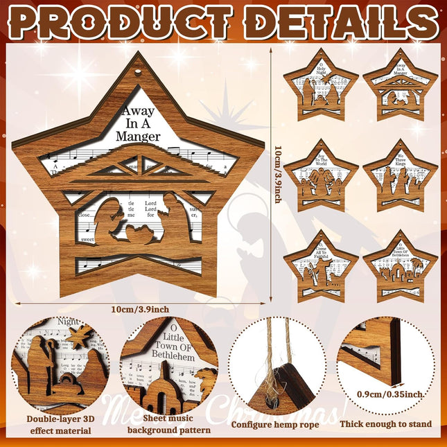 Shellwei 12 Pcs Vintage Nativity Christmas Ornaments Musical Jesus Birth Nativity Scene Wooden Ornaments Nativity Ornaments Decorations for Christmas Tree Religious s Holiday Party